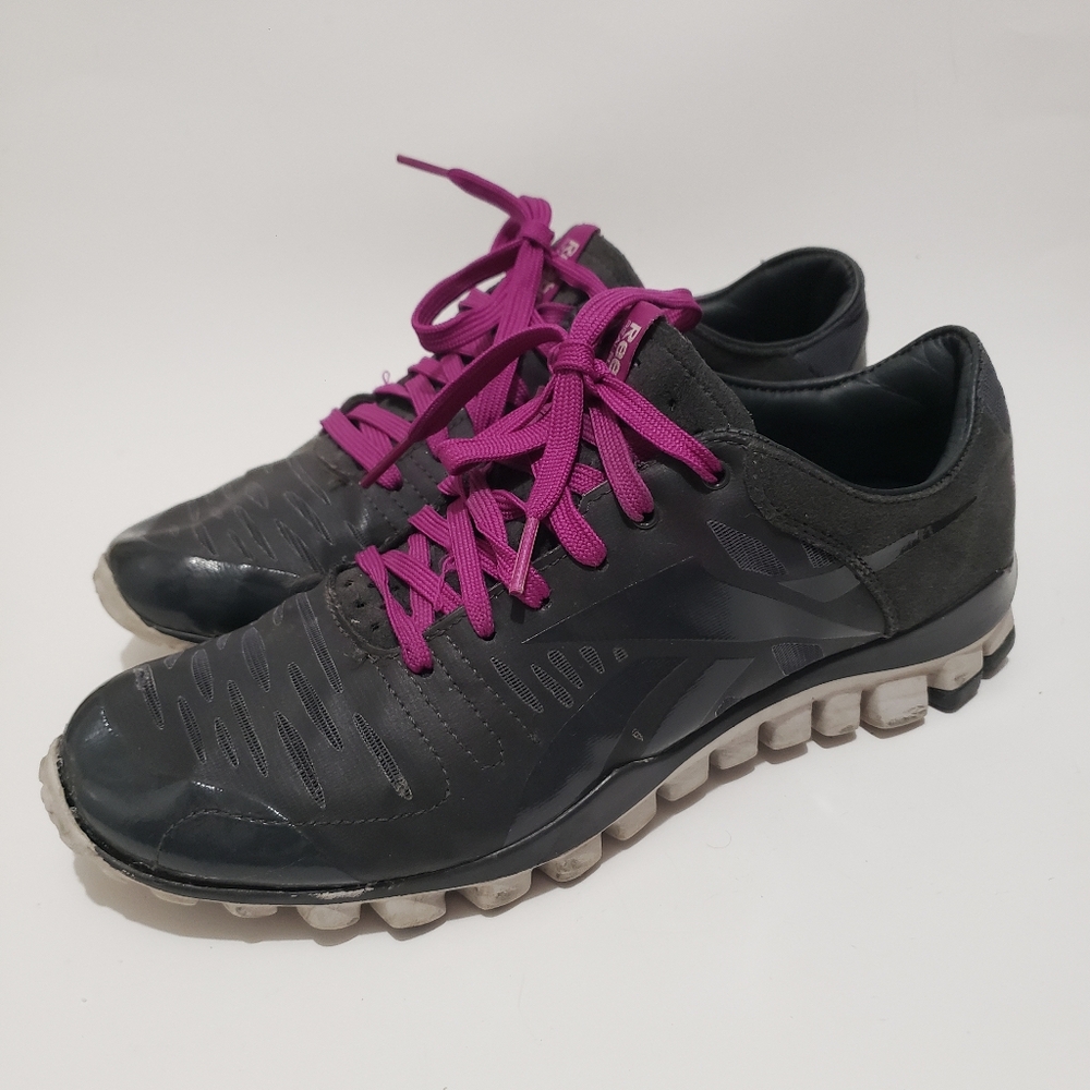 Reebok Womens Real Flex Run J90334 Gray Running Shoes Sneaker Size 9 Purple lace